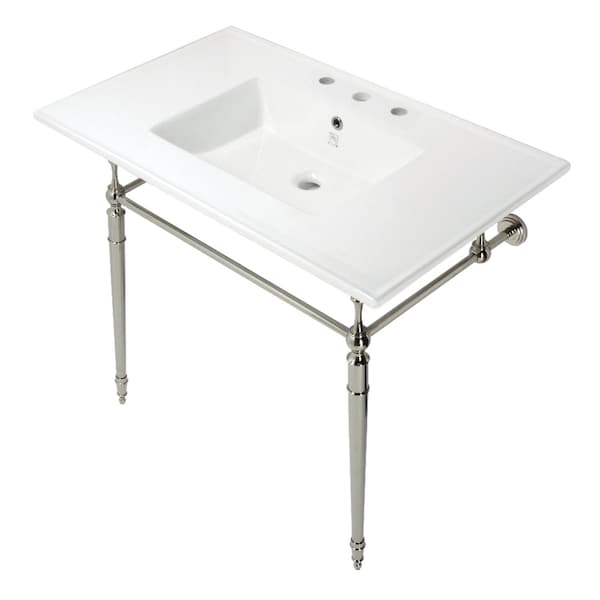 Fauceture KVPB37227W8PN 37-Inch Console Sink with Brass Legs (8-Inch, 3 Hole), White/Polished Nickel KVPB37227W8PN - main